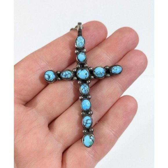 Turquoise Sterling Silver Southwestern Cross Pendant Necklace - 21 Inch chain